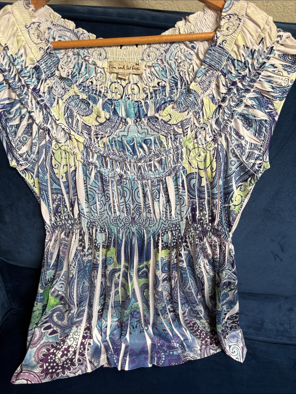 live and let live Blue, Purple and Green Paisley Smocked Tunic Top